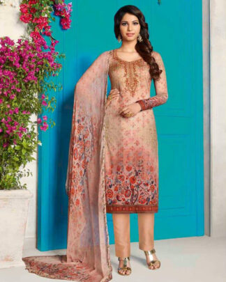 Peach Straight Style Cotton Satin Salwar Kameez