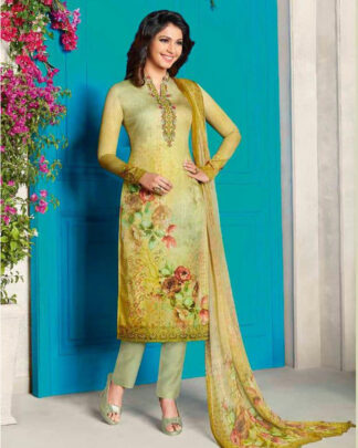 Light Green Straight Style Cotton Satin Salwar Kameez