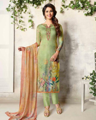 Light Green Straight Style Cotton Satin Salwar Kameez