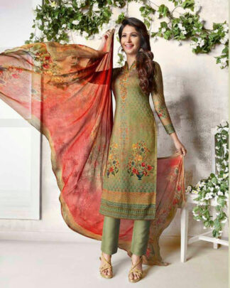 Light Green Straight Style Cotton Satin Salwar Kameez