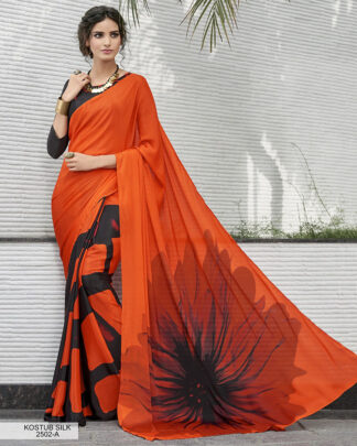 Orange And Black Digital Printed Crepe Saree