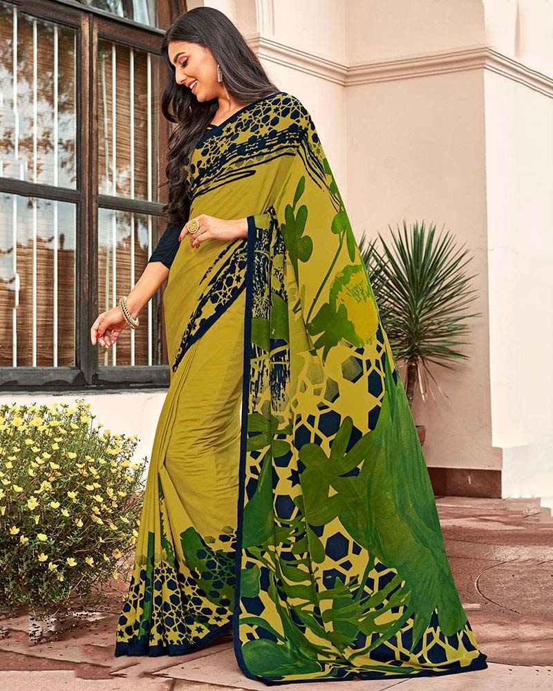 Printed Festive wear Green Crepe Saree