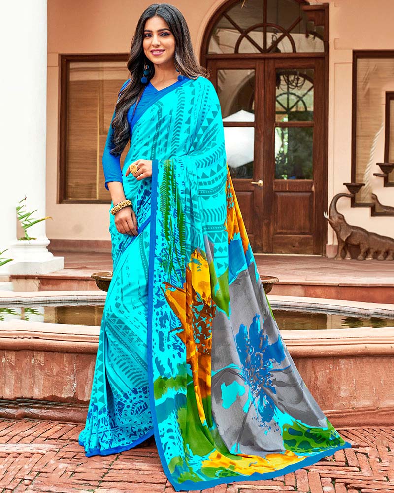 Printed Festive wear Turquoise Crepe Saree