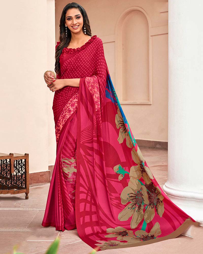 Printed Festive wear Pink Crepe Saree