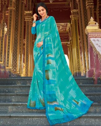 Sky Blue Printed Work Georgette Saree With Jacquard Blouse