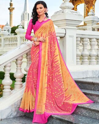 Beige And Pink Printed Work Georgette Saree With Jacquard Blouse