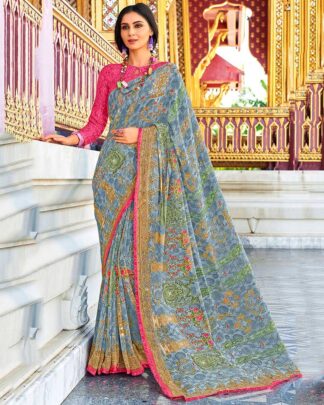 Multicolor Printed Work Georgette Saree With Jacquard Blouse