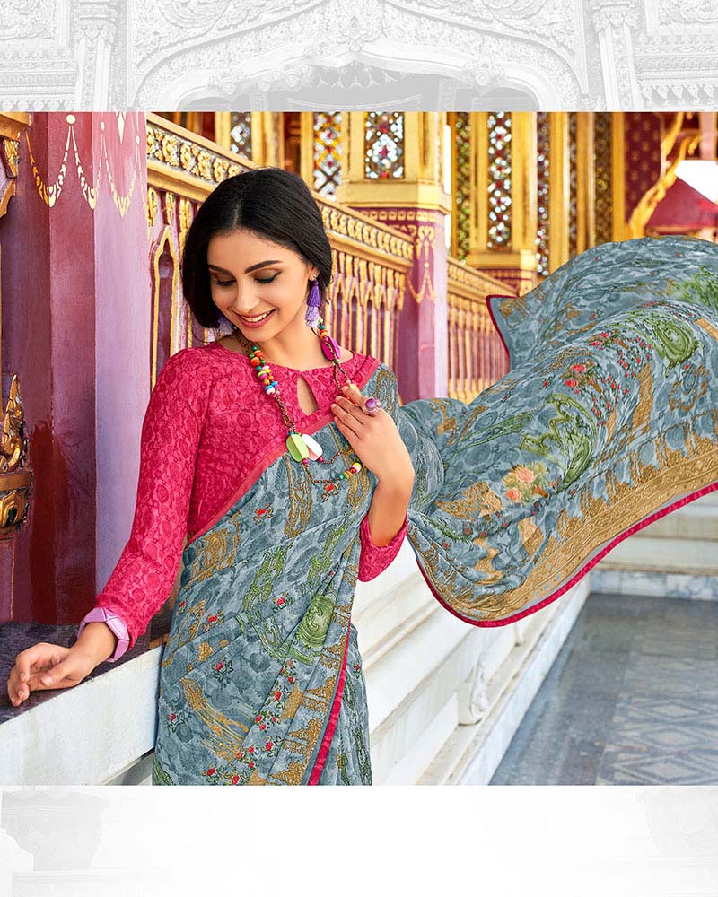 Multicolor Printed Work Georgette Saree With Jacquard Blouse - Image 2