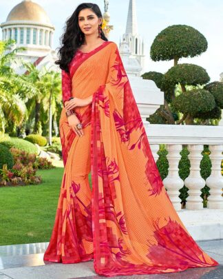 Yellow And Peach Printed Work Georgette Saree With Jacquard Blouse