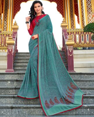 Sky Blue Printed Work Georgette Saree With Jacquard Blouse