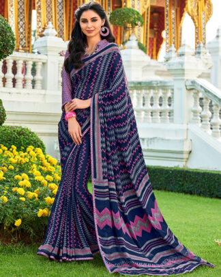 Navy Printed Work Georgette Saree With Jacquard Blouse