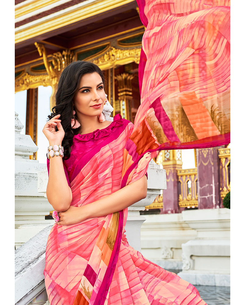 Multicolor Printed Work Georgette Saree With Jacquard Blouse - Image 2