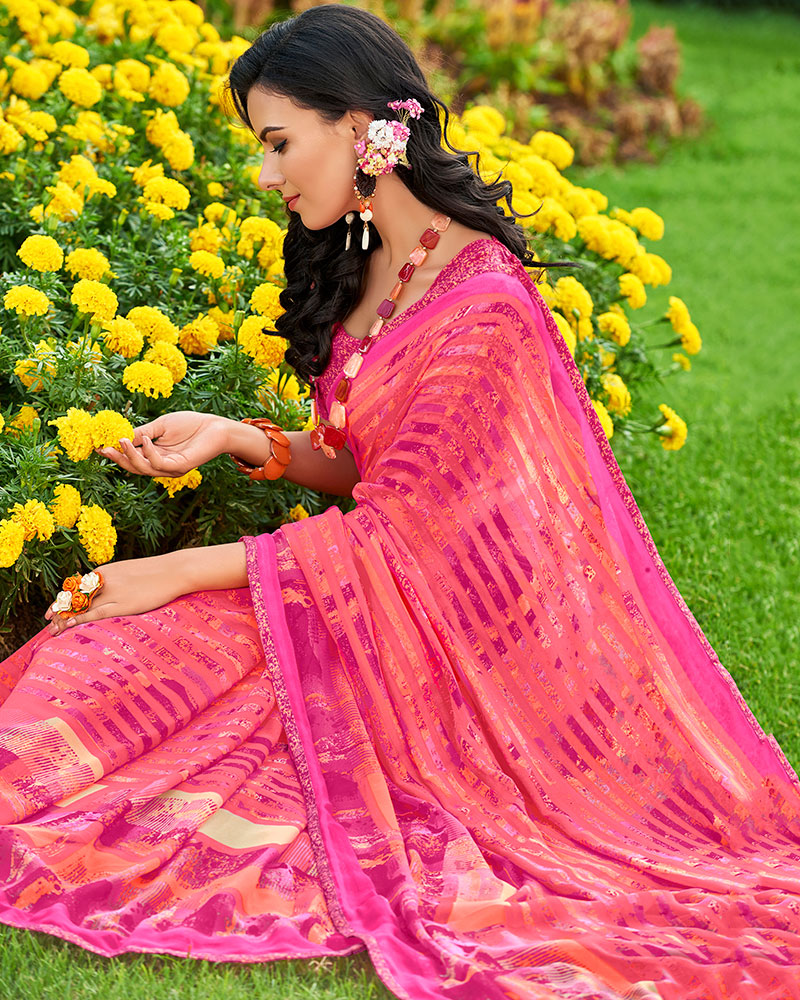 Multicolor Printed Work Georgette Saree With Jacquard Blouse - Image 2