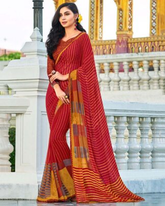 Red And Yellow Printed Work Georgette Saree With Jacquard Blouse
