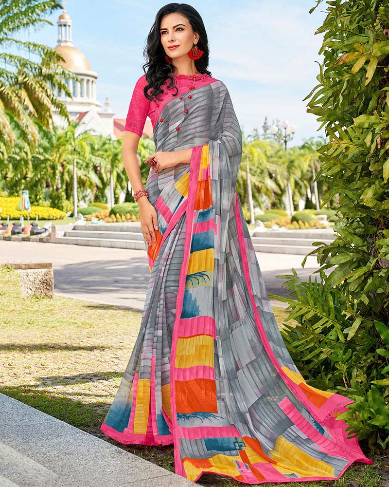Gray Printed Work Georgette Saree With Jacquard Blouse