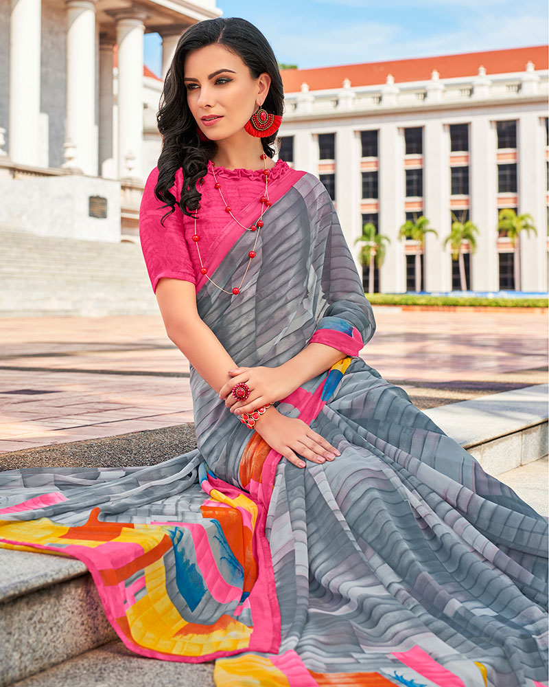 Gray Printed Work Georgette Saree With Jacquard Blouse - Image 2