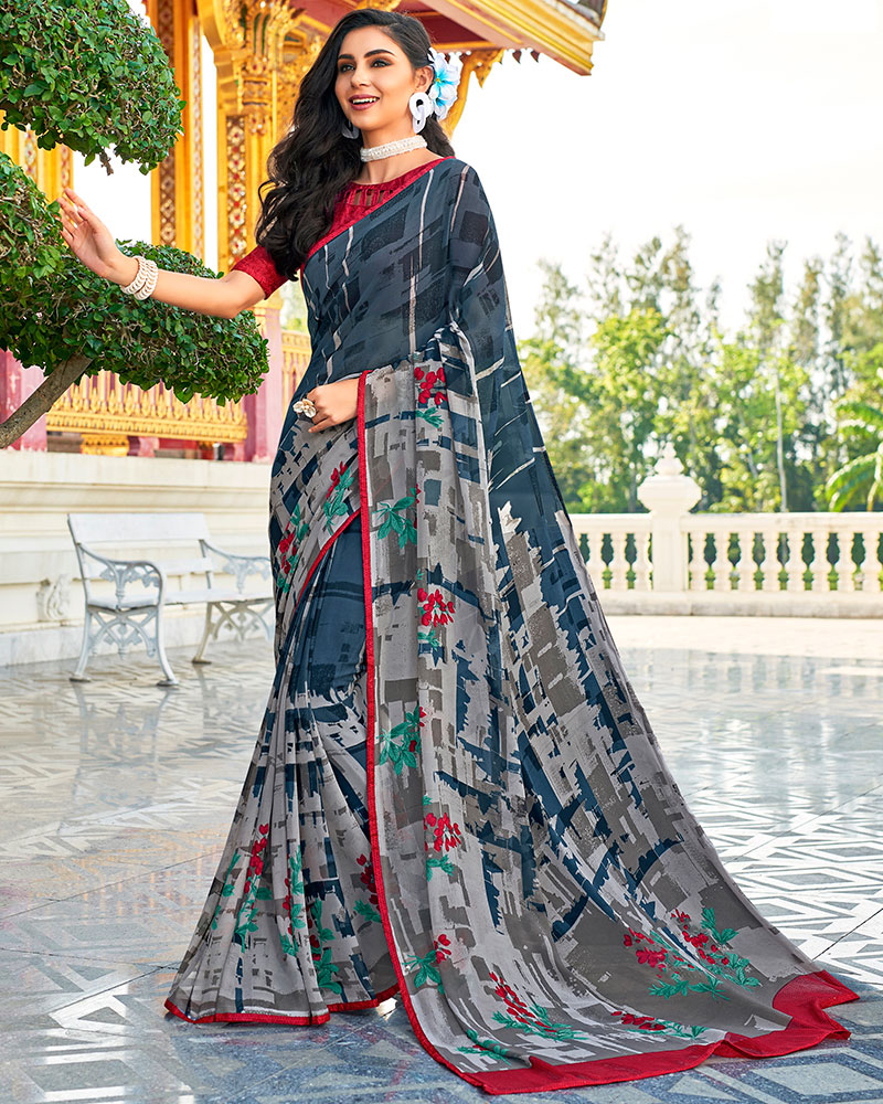 Navy Printed Work Georgette Saree With Jacquard Blouse