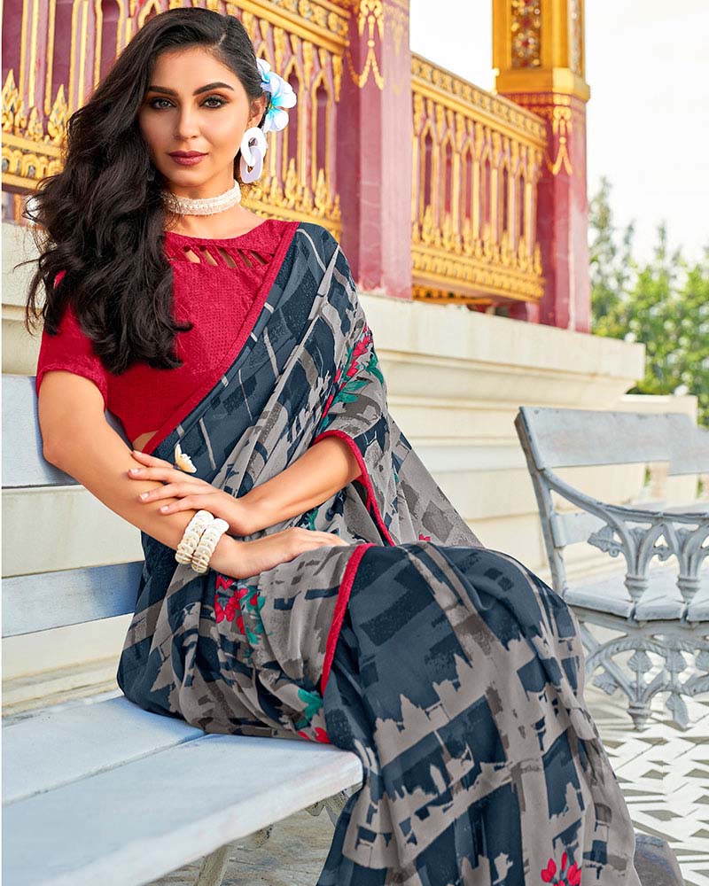 Navy Printed Work Georgette Saree With Jacquard Blouse - Image 2