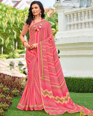 Peach Printed Work Georgette Saree With Jacquard Blouse