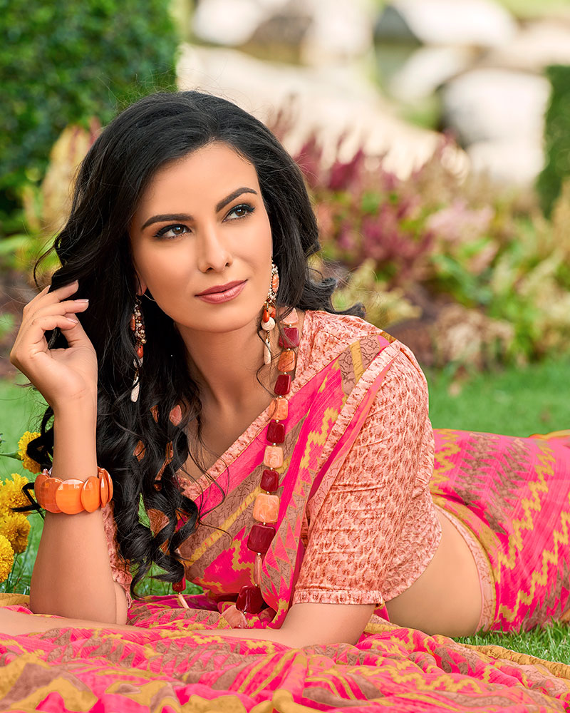Peach Printed Work Georgette Saree With Jacquard Blouse - Image 2