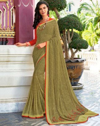 Yellow Printed Work Georgette Saree With Jacquard Blouse