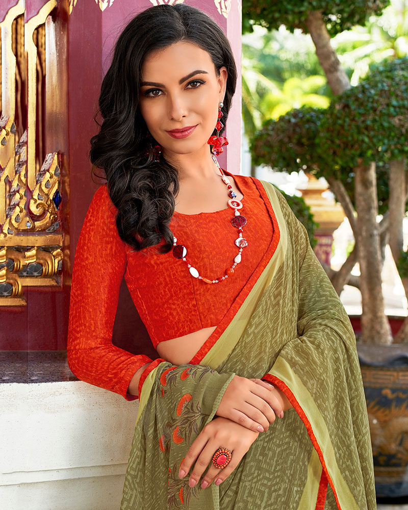 Yellow Printed Work Georgette Saree With Jacquard Blouse - Image 2