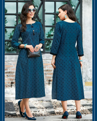 Sea Blue Party Heavy Rayon Printed Kurti