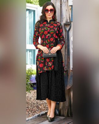 Black And Red Party Heavy Rayon Printed Kurti
