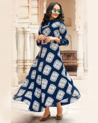 Heavy Rayon Navy And White Printed Kurti