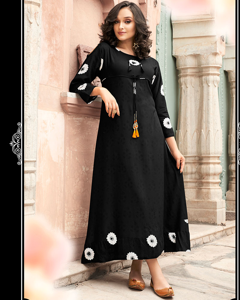 Heavy Rayon Black Printed Kurti