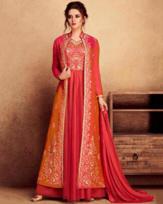 Peach Anarkali Style Silk Salwar Kameez
