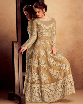 Beige Anarkali Style Silk Salwar Kameez