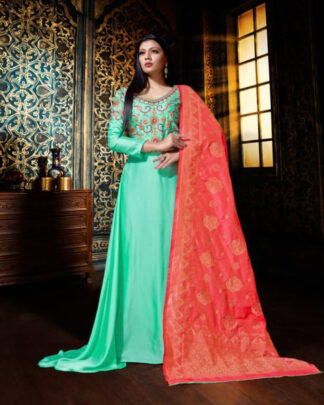 Turquoise Anarkali Style Satin Georgette Salwar Kameez