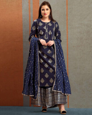 Navy Straight Style Cotton Salwar Kameez