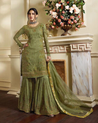 Green Pakistani Style Satin Silk Salwar Kameez