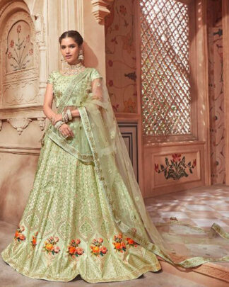 Orange Pure Satin And Lucknowi Bridal Lehenga Choli