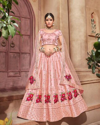 Bridal Pure Satin And Lucknowi Lehenga Choli In Orange