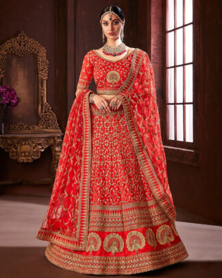Blue, Orange Pure Soft Silk Bridal Lehenga Choli