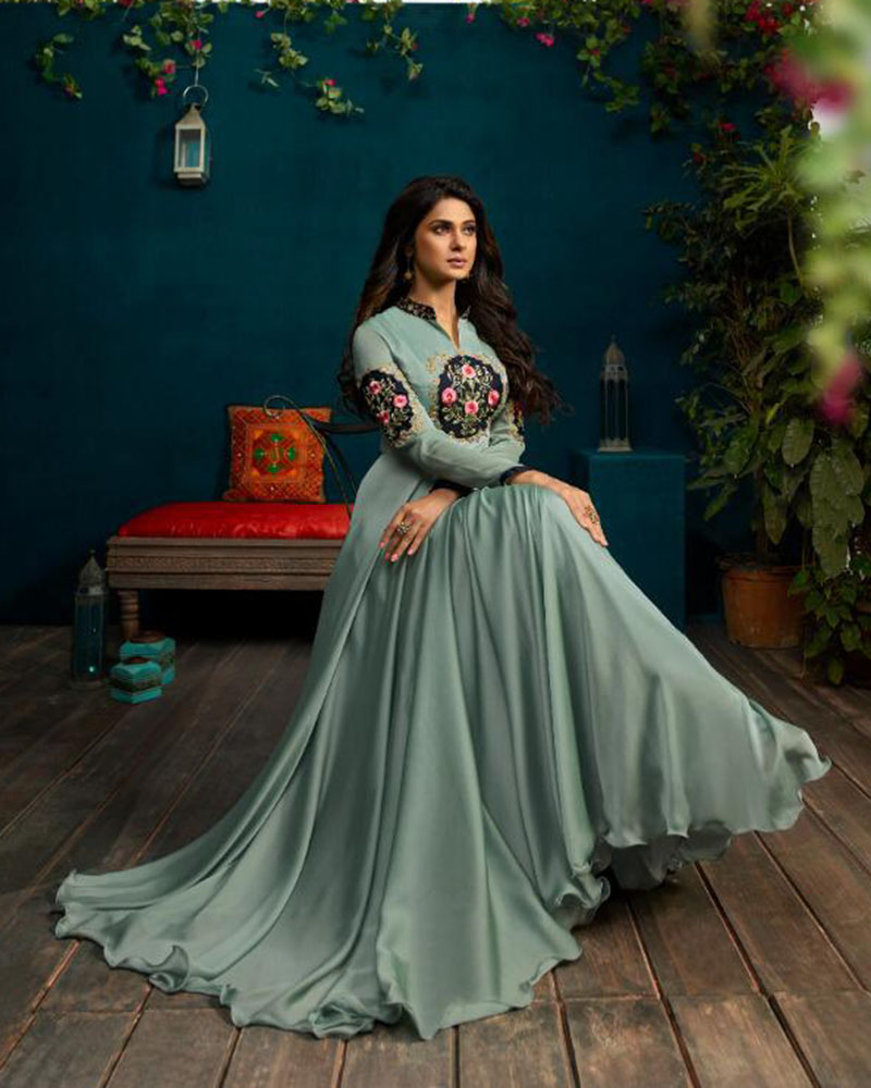 Light Blue Silky Georgette A Line Gown - Image 2