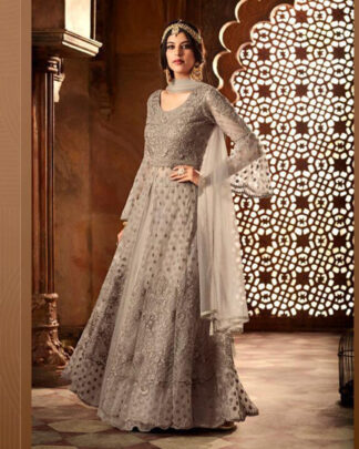 Gray Anarkali Style Net Salwar Kameez