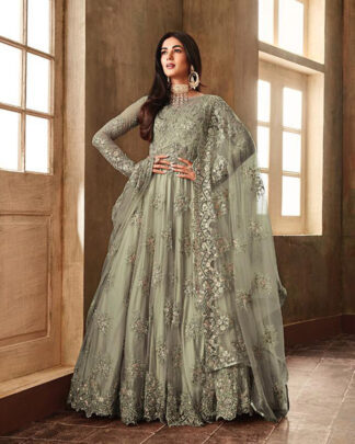 Gray Anarkali Style Net Salwar Kameez