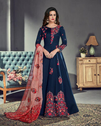 Blue Anarkali Style Tussar Silk Salwar Kameez