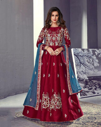 Maroon Anarkali Style Silk Salwar Kameez