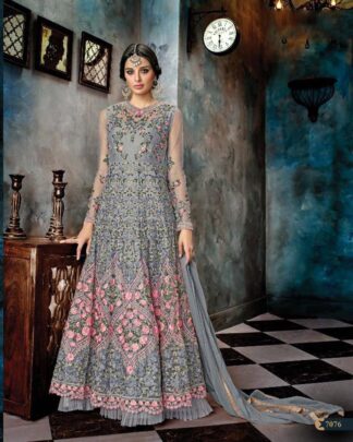 Gray Anarkali Style Net Salwar Kameez