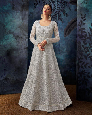 Gray Anarkali Style Organza Silk Salwar Kameez