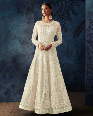 White Anarkali Style Net Salwar Kameez
