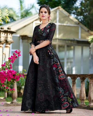 Organza Silk Black A Line Gown