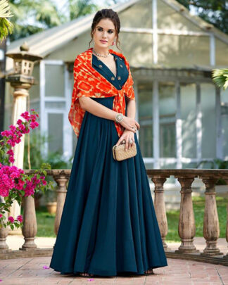 Teal Blue Satin Silk A Line Gown