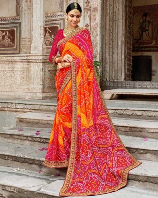 Bandhani With Heavy Border Georgette Multicolor Bandhej Saree