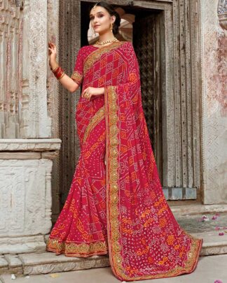 Bandhani With Heavy Border Georgette Multicolor Bandhej Saree